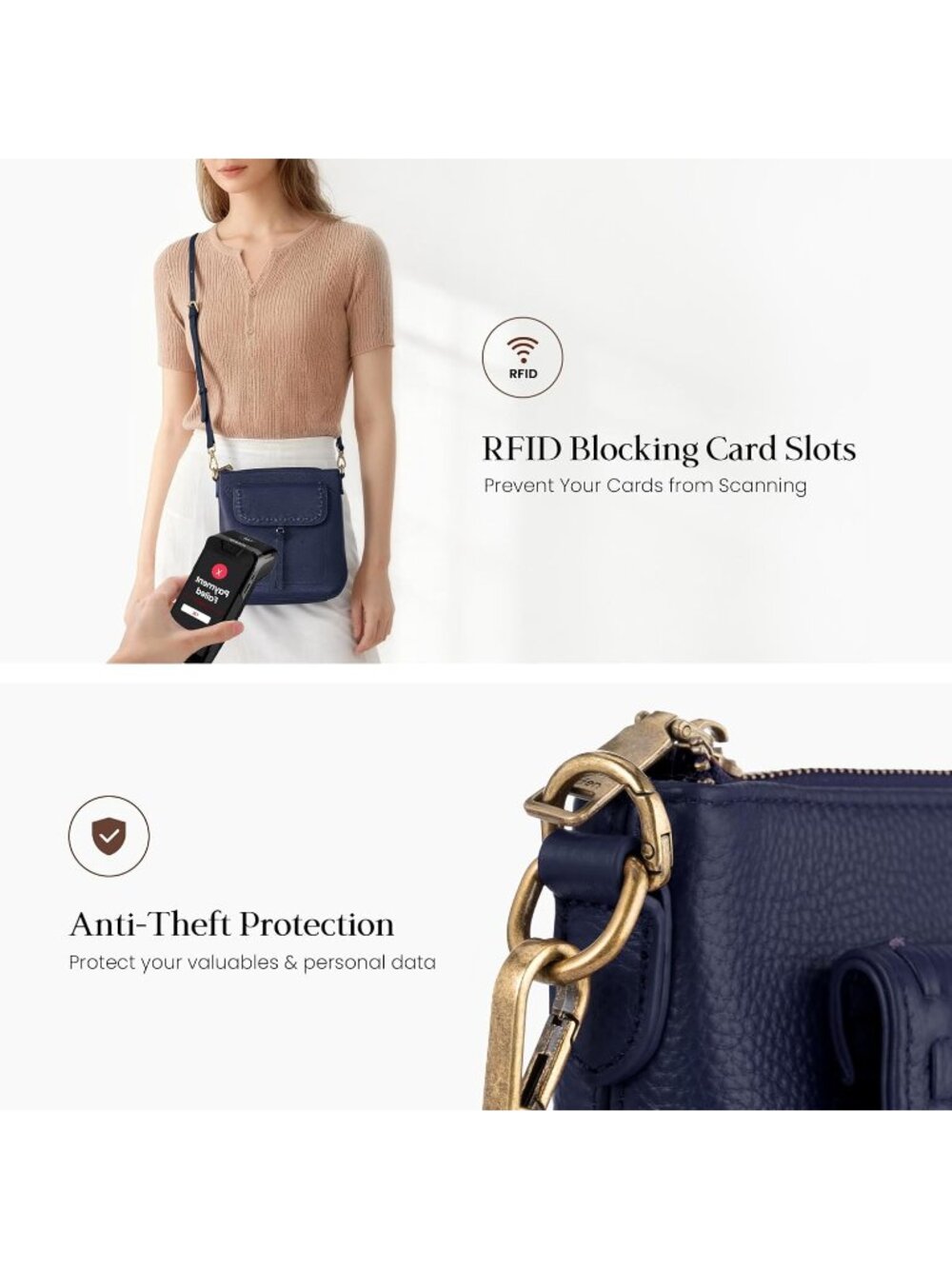 Women's Navy Blue Genuine Leather Crossbody Bag Anti Theft Shoulder Purse Travel - Picture 5 of 7